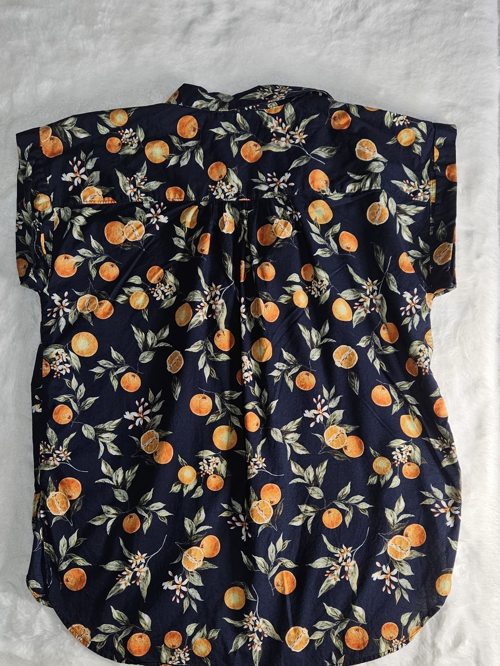 LOFT Navy Short-Sleeve Blouse with Orange Fruit Print